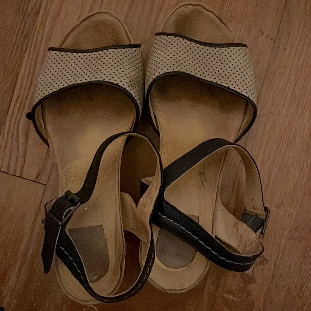 Open toe perforated leather Mary Jane wood stacked heel by Gold Button